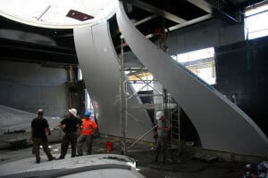 Construction photo showing the pieces of the bell being assembled at iFLY Paris.